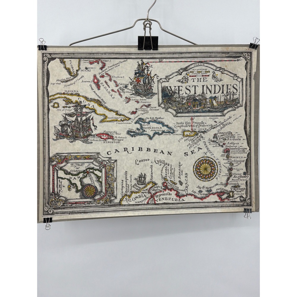 Vintage 1965 Island Workshop The West Indies Caribbean Map Pirate Ships 22x17"
